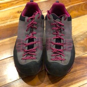Grey, black and pink Scarpa approach shoes